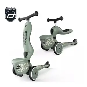 Grøn 2-i-1 løbecykel og scooter med justerbart styr og tre hjul.